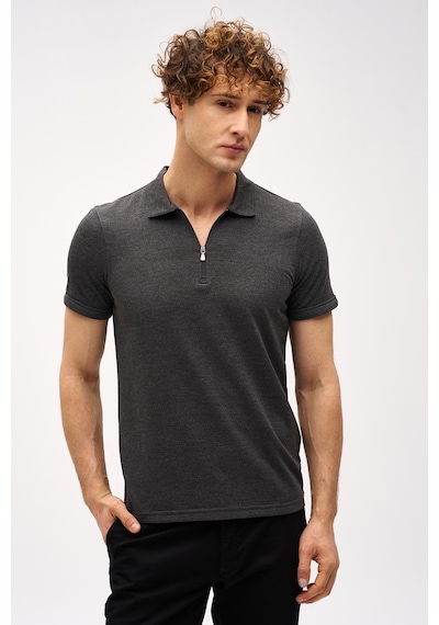 Antrasit Slim Fit Dar Kalıp Fermuarlı Polo Yaka Düz Kısa Kollu Tişört-16410 Gri