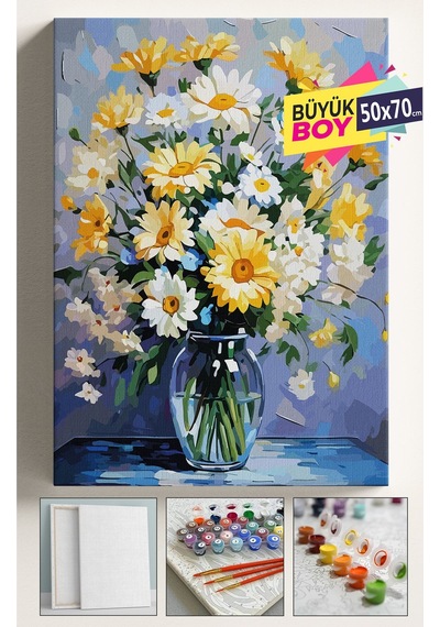 Sayılarla Boyama Seti Numaralı Tuval Fırça Boya Dahil Kasnaklı Set 50x70 Cm - Vazoda Papatyalar
