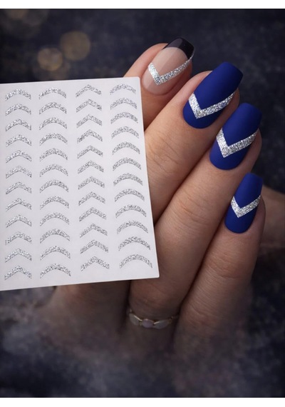 Gümüş Simli Chevron Tırnak Sticker, Nail Art Süsleme, Protez Tırnak Ve Kalıcı Oje İçin V Şekilli Çıkartma