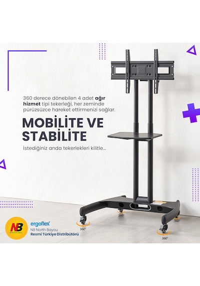 Nb Ergonomic Nb Ava1500-60-1p Lcd Led Oled Plazma Düz Panel Ekranlar İçin 32-75 İnch Tuv Sertifikalı Tekerlekli Profosyonel Tv Sehpası