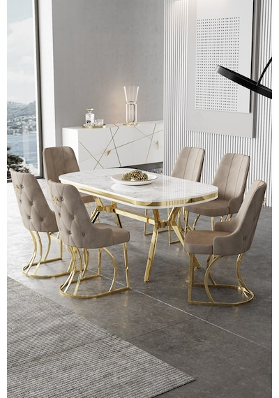 Canisa Epal Serisi 90x168 Lak Panel Beyaz Mermer Desen Masa Takımı Gold Ayaklı 6 Cappucino Sandalye Beyaz Mermer Desen Masa Sandalyeler Cappucino Canisa Epal Serisi 90x168 Lak Panel Beyaz Mermer Desen Masa Takımı Gold Ayaklı 6 Cappucino Sandalye Beyaz Mermer Desen Masa Sandalyeler Cappucino