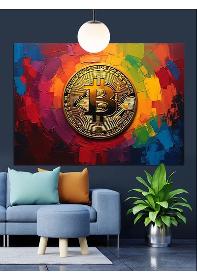 Renkli Fonda Bitcoin Sembolü Dekoratif Kanvas - Mdf Ahşap Tablo