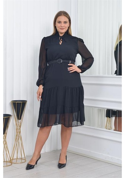 Neşeli Butik Kadın Gipeli Midi Boy Büyük Beden Şifon Elbise Nm7156 Siyah