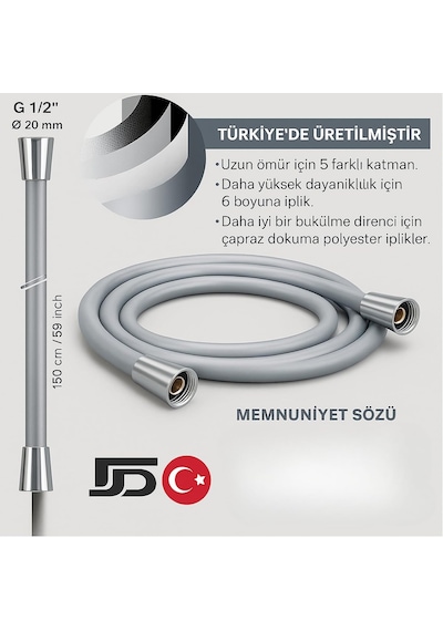 Gri Silikonlu Duş Hortumu, 150 Cm, Esnek Ve Kırılmaya Dayanıklı, Evrensel Bağlantılı, Sızdırmaz Genel