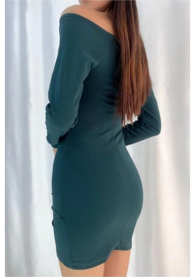 Veraura Lifestyle Kadın Kruvaze Yaka Büzgülü Mini Uzun Kollu Elbise Zümrüt