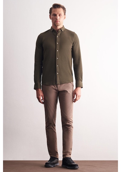 İmza Haki Uzun Kol Düğmeli Yaka Kendinden Desenli Pamuklu Slim Fit Gömlek 1004255267 Haki