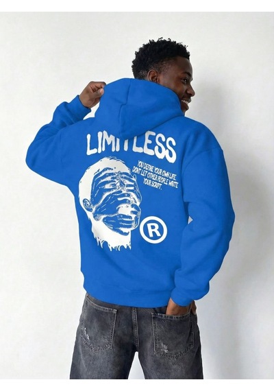 Premium Baskılı Kapşonlu Sweatshirt Üç İplik İçi Pamuklu Kanguru Cepli Double Oversize Rahat Kalıp Hoodie - Saks Mavi Saks Mavisi