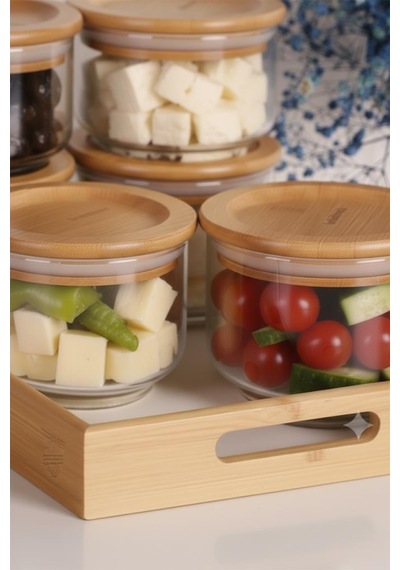 Bambum Duo 300ml 6'lı Beyaz Tepsili Bambu Kapaklı Cam Kahvaltılık