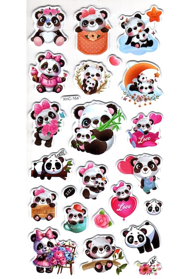 Sticker Kabartmalı Stiker Çıkartma Etiket Xhc164 -18x9 Cm- Sevimli Şirin Panda Çok Renkli