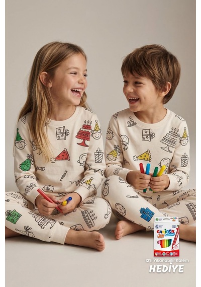 Zuzunga Boyanabilir Doğum Günü Temalı Çocuk Pijama Takımı Yıkanabilir 12-li Kalem Hediyeli Ekru1