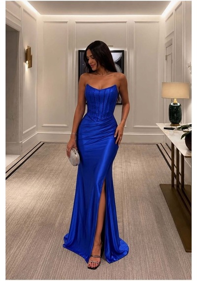 Lior Design Kadın İnce İşçilik Straplez Yırtmaçlı Abiye Elbise Saks