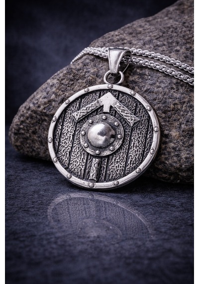 Viking Kalkanı Kolye Erkek Norse Rune Tasarım Savaşçı Tarzı Çelik Kolye Hediye Gümüş