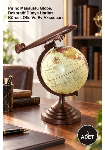 3 Adet Pirinç Uçak Figürlü Dünya Küre Pirinç Masaüstü Globe, Dekoratif Dünya Haritası Küresi, Ofis Ve Ev Aksesuarı