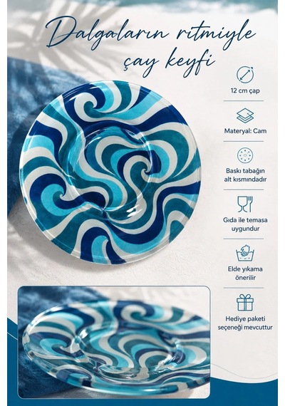 6 Lı Cam Çay Tabağı Turkuaz Lacivert Dalga Desenli 12 Cm 6 Adet Çay Tabak Mavi