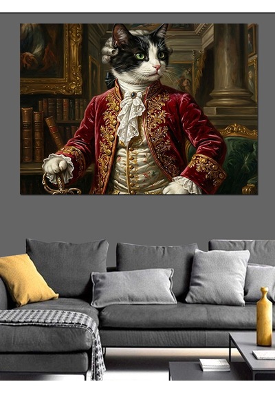 Aristokrat Kostümlü Kedi Portresi Dekoratif Kanvas - Mdf Ahşap Tablo