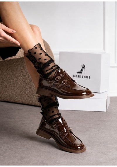 Dabab Shoes Elvan Kadın Kahve Rugan Küt Burun Çift Toka Detaylı Kalın Taban Loafer Ayakkabı Kahverengi