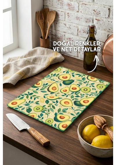 Avokado Desenli Cam Kesim Tahtası - 25x35cm -dayanıklı Ve Pratik Kesim Matı Yeşil