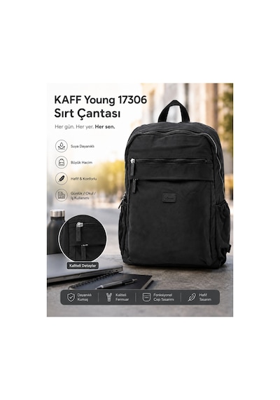 Kaff Young 17306 Siyah Laptop Bölmeli Çok Cepli Fonksiyonel Kadın Sırt Çantası