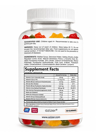 Multivitaminli Çocuk Gummies 60 Adet Şekersiz, Sığır Jelatini İçermez, Çilek-portakal Aromalı