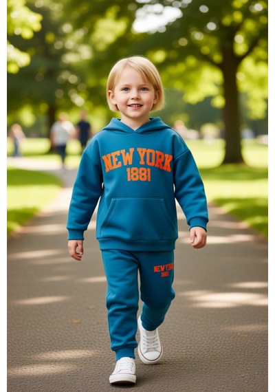 Ersefa Chicago 1886 Kapüşonlu Oversize Sweatshirt Ve Eşofman Altı Takımı Mavi