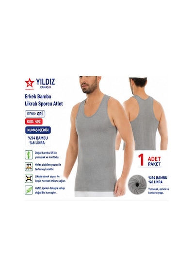 Yıldız Çamaşır Erkek Bambu Sporcu Likralı Atlet 490-491-492 - 1 Adet Gri