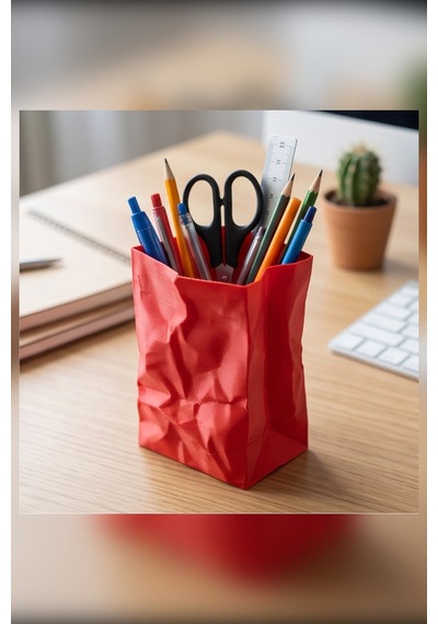 Kırışık Kese Kağıdı Görünümlü Dekoratif Vazo Kalemlik Organizer Kırmızı Kırışık Kese Kağıdı Görünümlü Dekoratif Vazo Kalemlik Organizer Kırmızı