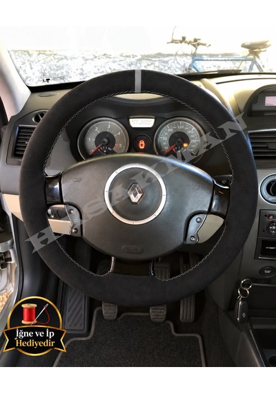 Renault Kangoo 2 Dikme Direksiyon Kılıfı Full Alcantara Süet Gri Yüzük Ve Gri Dikiş 2008-2012 Siyah