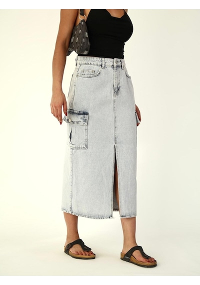 Zeo Basic Kargo Cep Detaylı Yırtmaçlı Maxi Denim Etek Mavi