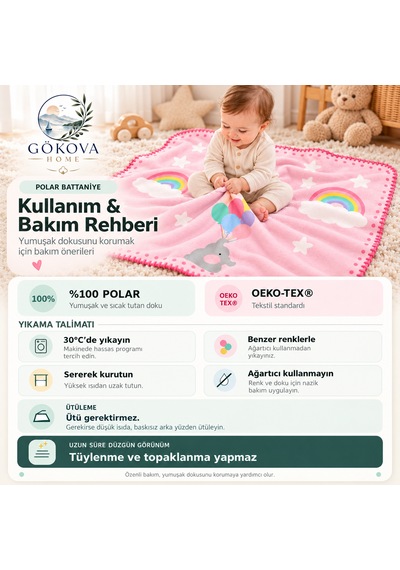 Uçan Fil Ve Gökkuşağı Serisi Çoban Dikişli %100 Polar Bebek Battaniyesi 80x100 CM Oeko-tex Açık Pembe