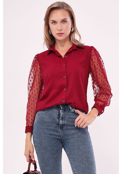 Armonika Kadın Bordo Kolları Tül Gömlek Arm-20k001068