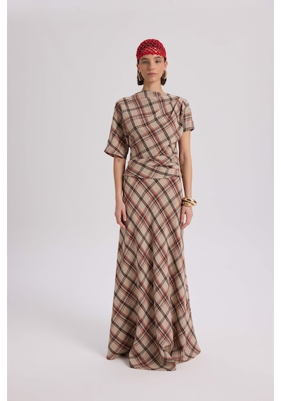 Mai Collection Petunya Ekoseli Turuncu Crop Etek Takım Turuncu