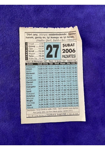 27 Şubat 2006 Takvim Yaprağı - Nostalji Koleksiyonluk Takvim Yaprağı