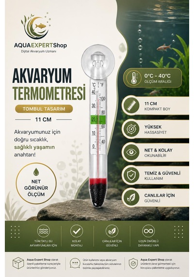 Akvaryum Tombul Termometre - Cam Termometre - Hassas Ölçüm - 0/40 Derece Arası Ölçüm - Net Görünüm - Güçlü Vantuz