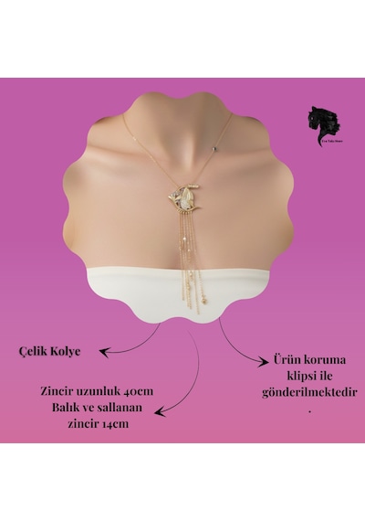 Renkli Balık Figürlü Sallantılı Çelik Zincir Kolye Gold