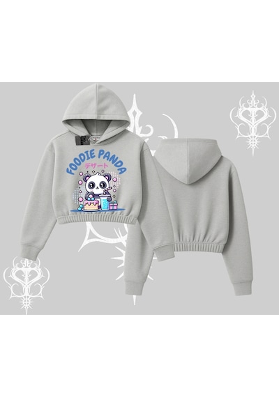 Startmore Kapşonlu Crop Sweatshirt Foodie Panda Tatlı Ve Sevimli Panda Baskılı Gri