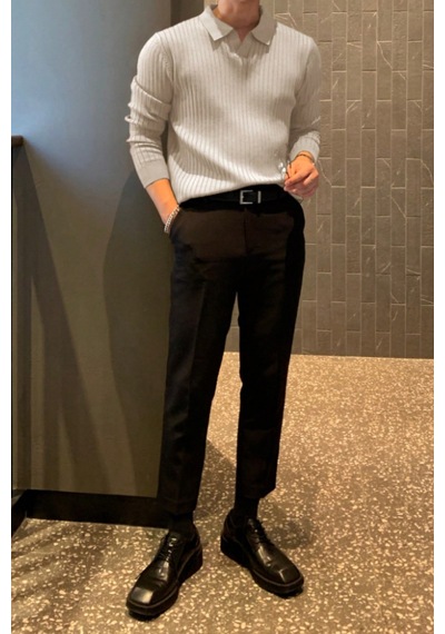 Cool Tarz Erkek Polo Yaka Triko Kazak Slim Fit Fitilli Bej