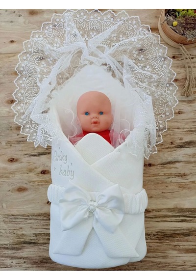 Yenidoğan Sahra Lucky Baby Nakışlı Kundak Bebek Battaniyesi Ekru Ekru