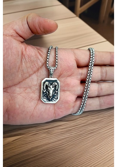 Gümüş Kaplama Krom-çelik Erkek Kolyesi Koç Burcu Madalyon Beyaz