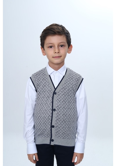 Toontoy Kids Toontoy Erkek Çocuk V Yaka Düğmeli Triko Yelek - Diagonal Desenli Gri