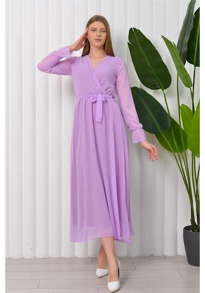 Neşeli Butik Kadın Bağlama Detaylı Uzun Şifon Elbise Kts003 - Lila Lila