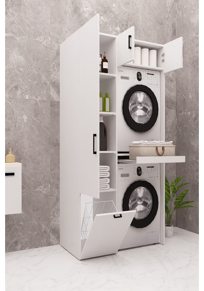 Mdf Çamaşır Makinesi Ve Kurutma Makinesi Dolabı Sepetli Beyaz