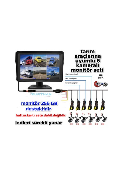 Tarımsal Araçlara 10'' Dvr Ekran Ve 6 Ad Beyaz Ledli Kamera Seti