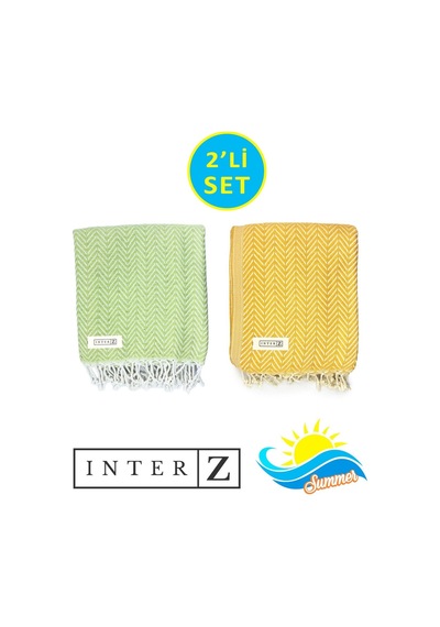 2'li Set Peştemal Plaj Havlusu , %100 Pamuk , Xxl 100x180cm, Marmaris, Fıstık Yeşili Sarı Lacivert