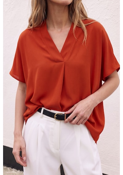 Sateen Geniş Kısa Kollu Bluz - Mercan-137799