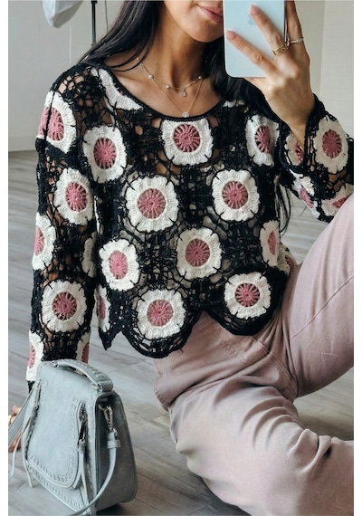 Femelle Crop Tığ İşi Örgü Bluz siyah