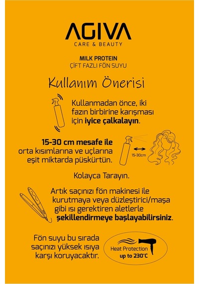 Milk Protein Kuru Ve Yıpranmış Saçlar İçin Isı Koruyuculu Çift Fazlı Fön Suyu