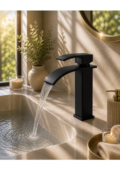 Eshome Mat Siyah Lavabo Bataryası Şelale Akışlı Modern Banyo Musluğu Tek Kollu Sabit Lavabo Çift Su Girişli
