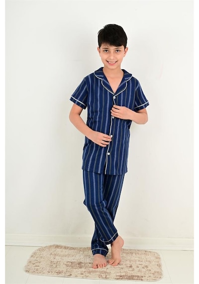 Vitmo erkek çocuk kısa kollu düğmeli pijama takımı atlas model indigo