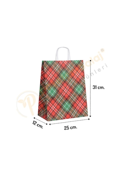 Ekose Desen Kraft Çanta Orta Boy 25x12x31 Cm 25 Adet