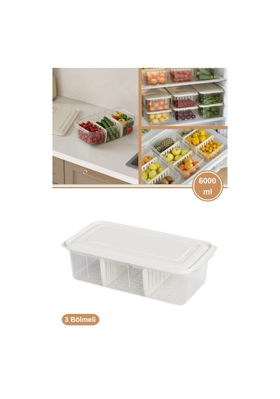 Flora 3 Bölmeli Kapaklı Organizer 6 Litre, Büyük Boy Sebze Meyve Düzenleyici Buzdolabı Saklama Kabı Beyaz